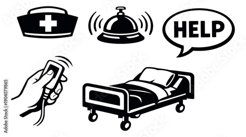 Line art medical icon set featuring a nurse's cap, call bell, help speech bubble, patient remote, and hospital bed for healthcare and patient assistance