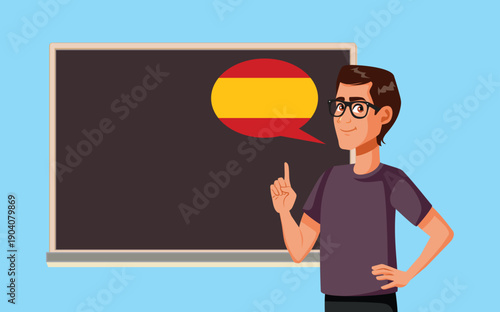 Happy Professor Speaking in Spanish Vector Illustration. Male professor teaching a foreign language in front of the classroom chalkboard
