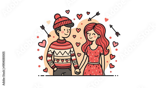 Cute cartoon couple holding hands with hearts and arrows on white background.