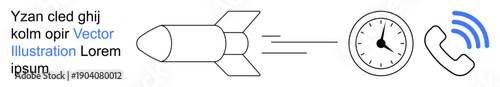 Business efficiency, communication speed, rapid response, time management, logistics, modern communication. Rocket flying fast with a clock and phone icon. Communication speed and time management