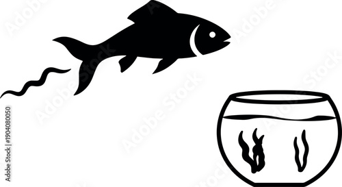 Simple Black Fish Jumping Towards Fish Bowl on White Background