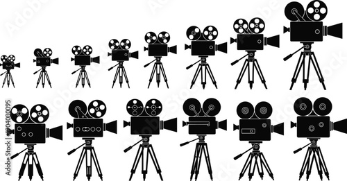 Set of vintage movie camera silhouettes on tripods, retro cinema equipment icons, old film production vectors, classic hollywood cinematography silhouette elements,