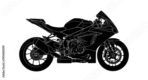 Sleek Black Sport Motorcycle Silhouette Isolated on White.