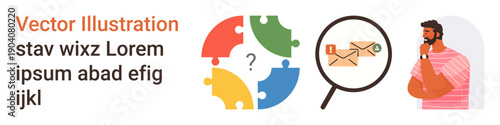 Problem-solving, teamwork, communication strategies, business solutions, visual analysis, critical thinking. A puzzle, magnifying glass and mail icon with a thoughtful person. Problem-solving