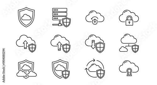 Cloud Security Icons: Shield, Server, Lock, Upload, Download, Network