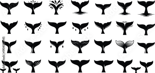 Set of whale tail silhouettes and fluke icons, marine life ocean symbols, humpback and orca fin vectors, nautical aquatic animal illustrations,