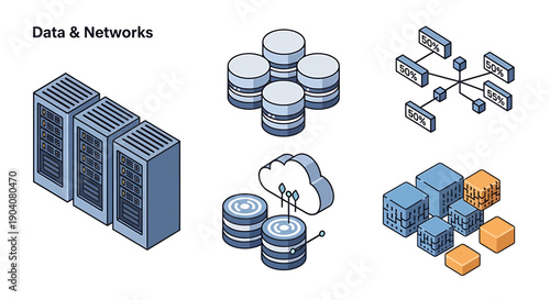 Data Networks and Cloud Computing Icons: Servers, Databases, Cloud, Cubes