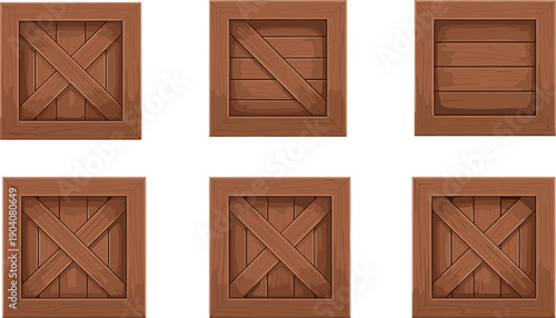 Set of wooden crate icons for shipping and logistics, brown timber box vectors for storage, industrial cargo container game assets,
