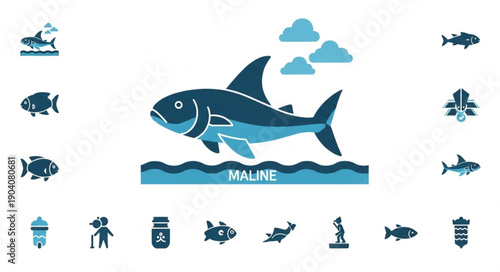 Stylized illustration of a large fish swimming in water.