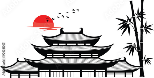 Silhouette of traditional Japanese pagoda temple with bamboo tree and red sunset, vector illustration of asian architecture and culture, scenic landscape background.