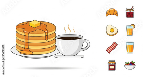 Stack of pancakes with butter and syrup next to a cup of coffee.