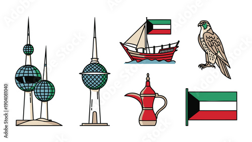 Kuwait landmarks and symbols flat design vector illustration