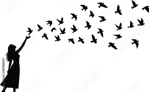 Silhouette of woman releasing flock of birds flying away, vector illustration concept of freedom, hope, peace, mental health and nature isolated on white.