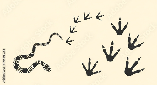 Snake and Animal Footprints on a Light Background.