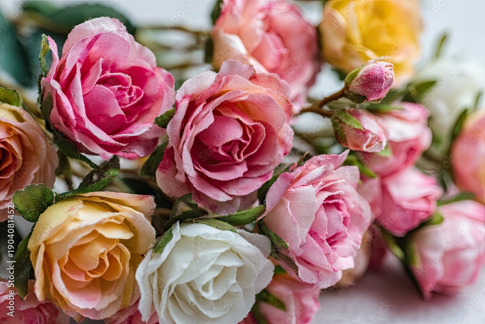 Obraz premium A delicate assortment of miniature faux roses in various pastel shades, perfect for crafting and decor