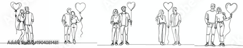 line art of a couple standing giving a valentine's love shaped balloon