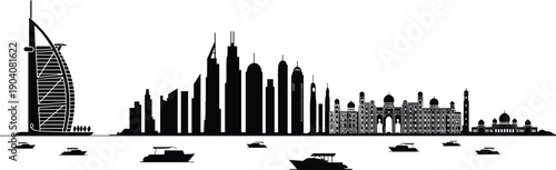 Dubai skyline, Burj Al Arab, Taj Mahal, Gateway of India, cityscape silhouette, vector illustration, architectural landmarks, cultural fusion, waterfront scene, black and white