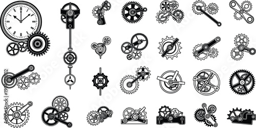 Vintage clockwork mechanism silhouettes featuring antique gear systems watch parts and industrial engine components for steampunk designs or technical engineering projects.
