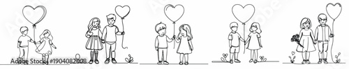line art of two children standing giving a valentine's love shaped balloon