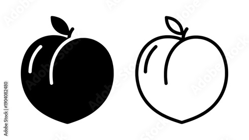 Minimalist peach fruit vector icons including a bold silhouette and a clean contour line style. Healthy organic food graphic isolated on transparent background.