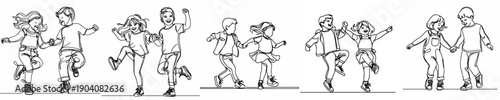 line art of two children happily dancing on Valentine's Day