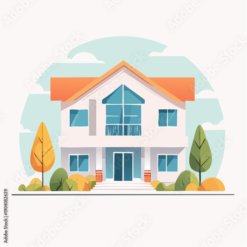 Modern House With A Large Window And Trees In A Flat Design Illustration