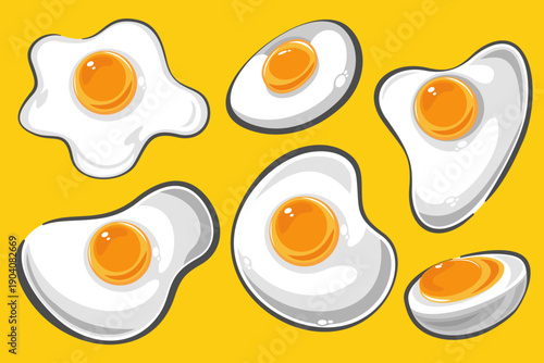 Set of cartoon-style fried egg illustrations with glossy yolks on a yellow background. Perfect for food graphics, packaging, stickers, and kitchen-themed designs.