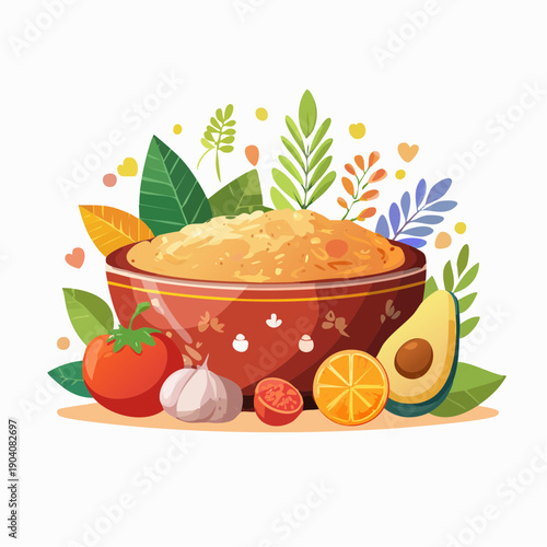 A vibrant illustration of a healthy meal in a bowl, surrounded by fresh avocado, tomato, and garlic