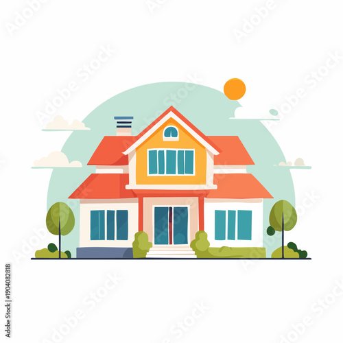 Cozy suburban house illustration with a red roof and garden, depicting a welcoming family home