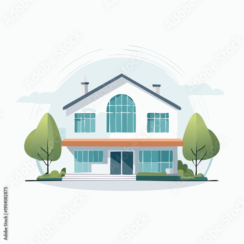 Contemporary Suburban Family House Illustration with Lush Landscaping and Modern Architectural Design