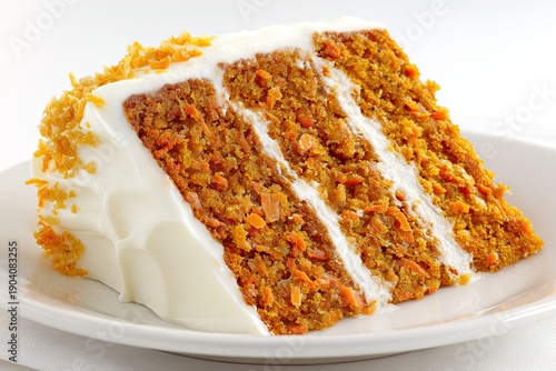 A moist slice of layered carrot cake with creamy white frosting on a white plate