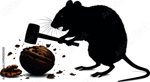 Black Mouse Holding Hammer Cracking Walnut with Nut Shells on White Background