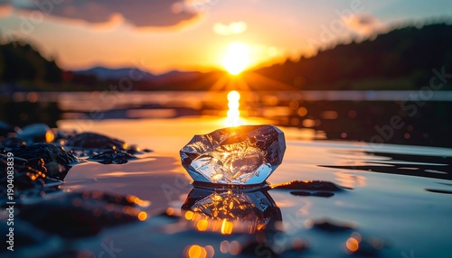 A clear crystal reflecting the setting sun sits in shallow water. Mountains, river and golden sunlight create a serene landscape