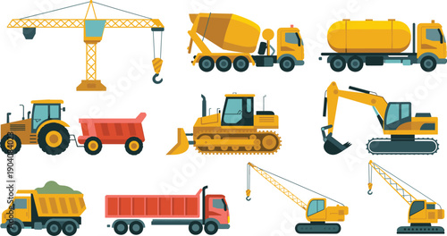 Construction machinery vector illustration set featuring cranes excavators trucks bulldozers heavy equipment industrial vehicles engineering infrastructure concept design collection icons