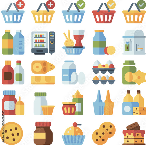Flat grocery shopping food icons set including baskets drinks dairy snacks desserts supermarket products colorful vector illustration design