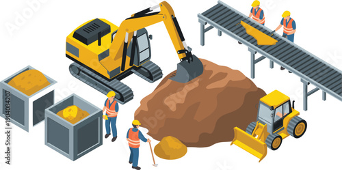 Isometric construction and mining vector illustration with excavator, conveyor belt, workers, soil processing, heavy machinery, material handling, industrial workflow
