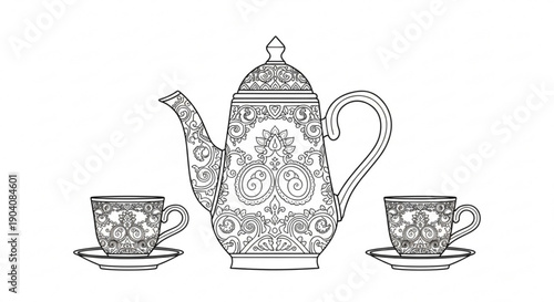 Ornate tea set with teapot and two cups on saucers intricate patterns decorative