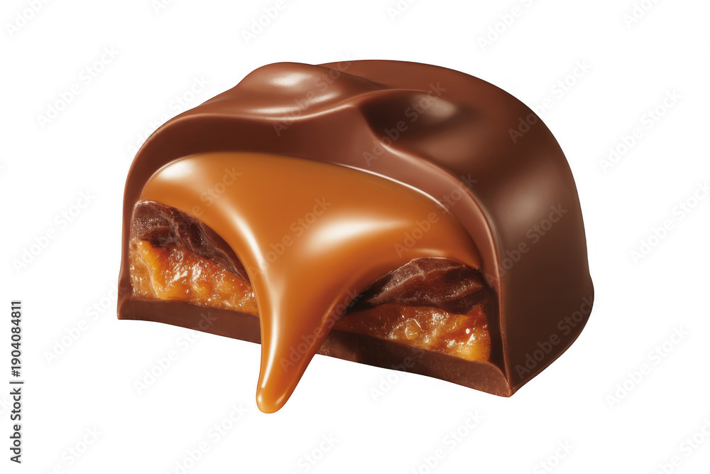 Obraz premium Chocolate caramel candy with flowing filling on black isolated on a transparent background