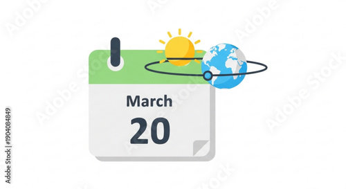 March 20 calendar page with sun and earth orbiting spring equinox