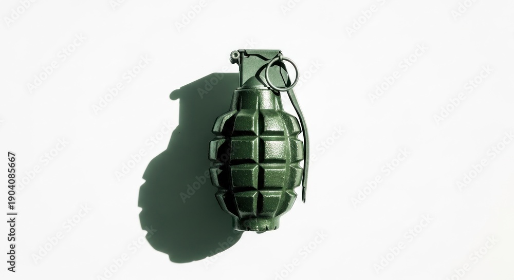 Naklejka premium Overhead shot of a green hand grenade casting a shadow on a white surface