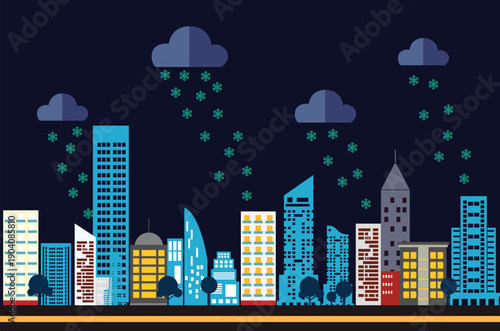 Winter Cityscape at Night Vector Illustration - Flat Design Urban Landscape with Snow