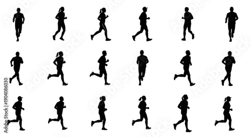 Silhouettes of people running in various poses and speeds.