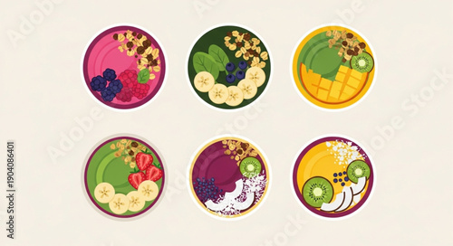 Six colorful smoothie bowls with fresh fruit and granola toppings.