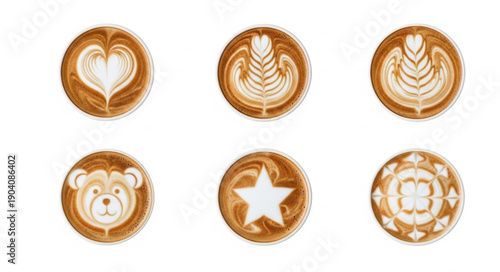 Six Coffee Drinks with Latte Art Designs.