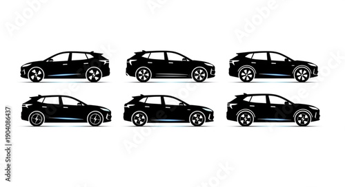 Six Black SUV Cars Silhouette Collection Side View.
