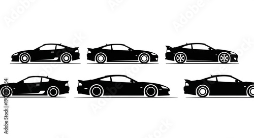 Six Black Sports Car Silhouettes on White Background.