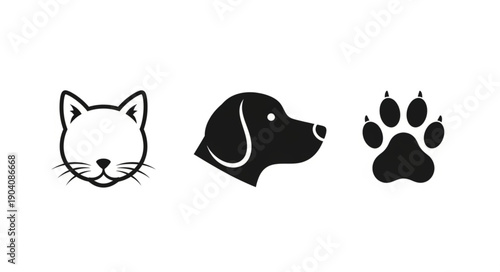 Simple Icons Representing Cat Dog and Paw Print.