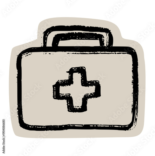 Medical first aid kit and healthcare icon sticker, scrapbook, doodle: hand drawn illustration of emergency bag, doctor suitcase, medicine, health safety, and rescue equipment