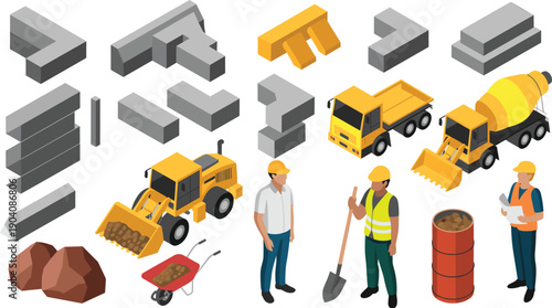 Isometric construction machinery and concrete blocks illustration with workers trucks equipment materials industrial building site vector setv
