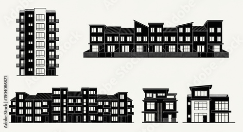 Silhouettes of various modern apartment buildings and townhouses.